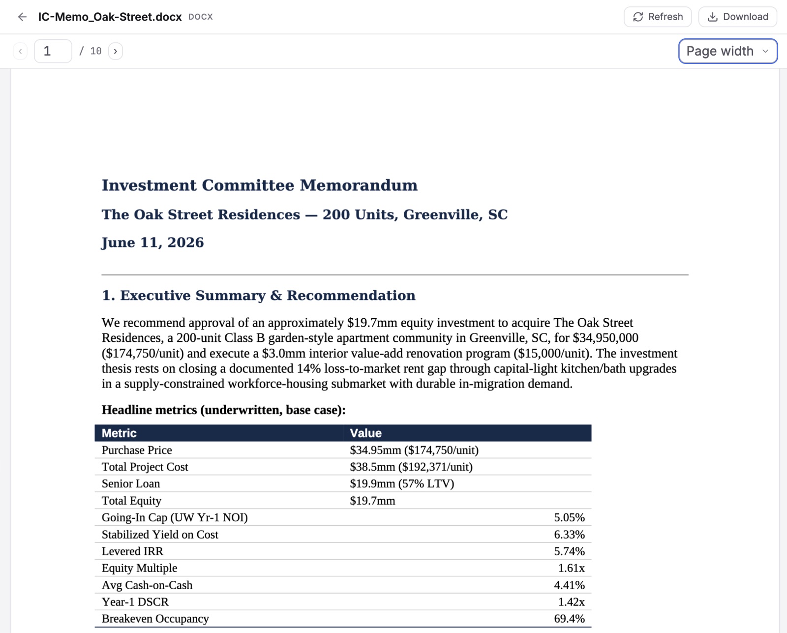 An investment committee memo rendered in the firm's house format